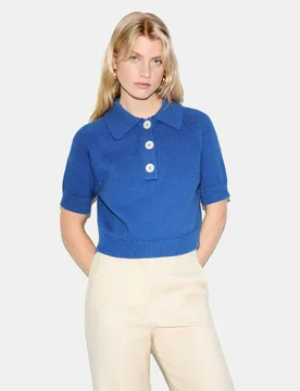 Cotton Rich Collared Knitted Top Blue female - Jigsaw - FashionsVida
