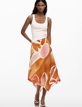 Falda asimétrica pétalos, Mujer, Viscosa, Naranja, XS
