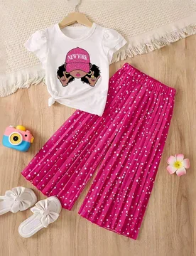 Conjunto de camiseta con gráfico de personaje de dibujos animados y pantalones anchos plisados con estampado de lunares para niña preadolescente - Shein - FashionsVida