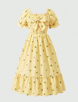 Vestido de verano con estampado de limón, mangas con volantes, escote fruncido y dobladillo con volantes para niñas preadolescentes