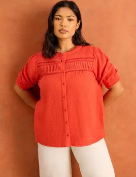 Pure Cotton Textured Pintuck Blouse Red female - Live Unlimited London - FashionsVida