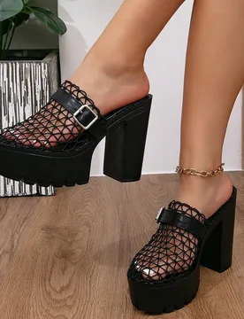 Sandalias de tacón alto con plataforma gruesa y tacón ancho, malla transpirable y punta hueca, estilo Y2K Hot Girl - Shein - FashionsVida