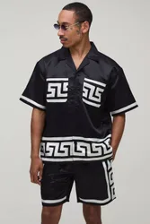 Herren Übergroßes Kurzarm-Hemd Mit Abstraktem Bordürendruck Und Shorts-Set Aus Satin Black Größe XS