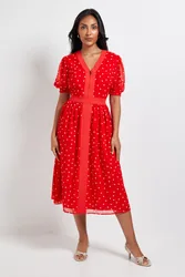 Womens Petite Polka Dot Zip Puff Sleeve Midi Dress - Red - Size 16 Uk