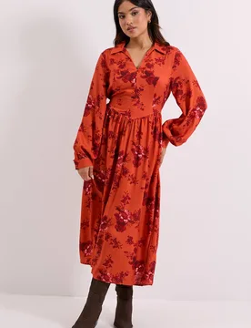 Women's Petite Seam Detail Collared Blouson Sleeve Printed Midi Dress in Rust Size: 6 - Rust - Size: 6 - Dorothy perkins - FashionsVida