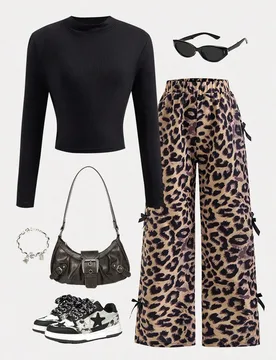 Set de 2 piezas de camiseta y pantalones de estilo urbano para niña preadolescente, camiseta de manga larga con cuello alto y lazo, y estampado de le - Shein - FashionsVida