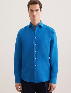 Regular Leinenhemd Uni Blau 46