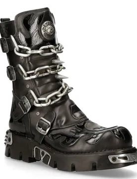 Unisex Black Spiked Mid-Calf Gothic Boots-727-S1 Leather - Size Eu 42 - New Rock - FashionsVida