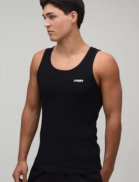 Men's Muscle Fit Man Sport Embroidered Ribbed Vest Black Size Small Black S - boohooMAN - FashionsVida