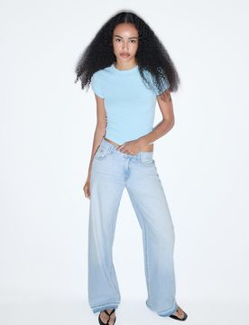 D91 Wide-Leg-Jeans mit tiefem Bund MITTELBLAUER WASHED-LOOK IM HELLEN JEANSBLAU 42