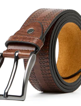 Mens Leather Lined Belt With Decorative Pattern In Brown - Size 2xl - Woodland Leathers - FashionsVida