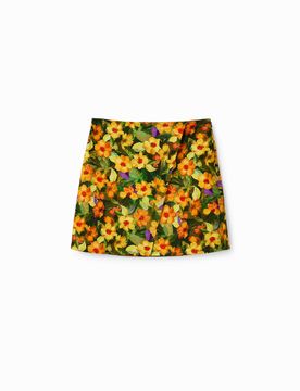 Minifalda slim flores, Mujer, Algodon, Naranja, XS