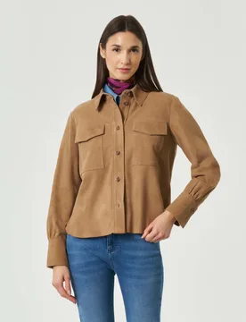Giacca camicia in suede color cammello con doppia tasca sul petto - Marella - FashionsVida