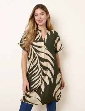 Palm Print Tunic Top - S / KHAKI - female - Blue Vanilla - FashionsVida