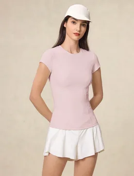 Camiseta ajustada de cuello redondo suave para mujer, camiseta deportiva rosa, top para correr y fitness - Shein - FashionsVida