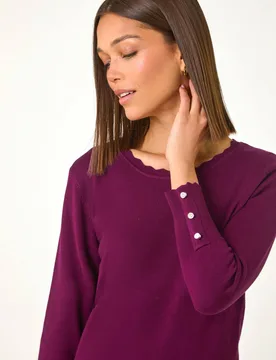 Women's Scallop Neck Button Knit Jumper in Burgundy Size: 20 - Burgundy - Size: 20 - Roman - FashionsVida