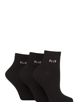 Women's 3 Pair Plain, Striped and Patterned Cotton Anklets with Smooth Toes Black 4-8 - Black - Size: Small - ELLE - FashionsVida