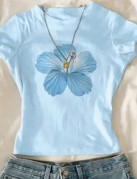 Camiseta casual de manga corta con cuello redondo y estampado floral para niña preadolescente, top de verano - Shein - FashionsVida