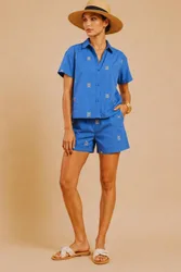 Blue Embroidered Cotton Shorts - Blue - Size: 16