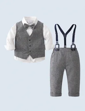 Piezas Conjunto de caballero para niños pequeños - Camisa blanca con cuello, chaleco gris y pantalones con tirantes, de moda para fiesta de cumplea? - Shein - FashionsVida