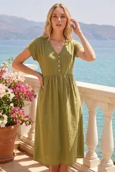 Women's Linen Look Button Midi Dress in Khaki Size: 16 - Khaki - Size: 16