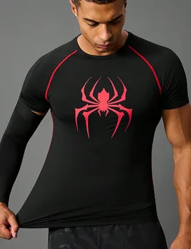 Camiseta deportiva de manga corta con cuello redondo y manga raglán con estampado de araña, camisa ajustada de verano con cuello de tripulación - Shein - FashionsVida