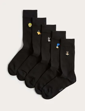 Pack Cotton Rich Looney Tunes™ Socks Black Mix male - M&S - FashionsVida