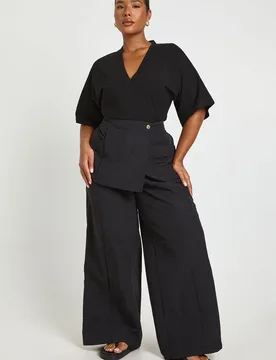 Womens Plus Nylon Wide Leg Trouser With Overlay - Black - Size 20 Uk - Boohoo - FashionsVida