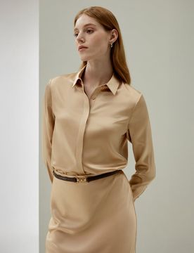 Donna Camicia a Maniche Lunghe Seta Charmeuse Lucida Cammello XXL