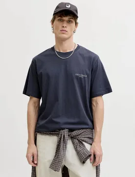 T-shirt mezza manica blu navy in cotone con stampa floreale sul retro - Jack & jones - FashionsVida