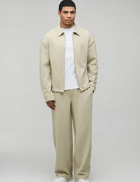 Men's Long Sleeve Jersey Herringbone Harrington & Trouser Set Stone Size Small Stone S - boohooMAN - FashionsVida