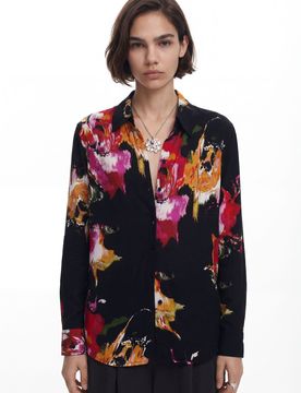 Camisa estampado flores, Mujer, Viscosa, Negro, XS