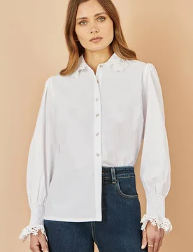 Women's White Lace Trim Shirt Size: 10 - White - Size: 10 - Yumi - FashionsVida