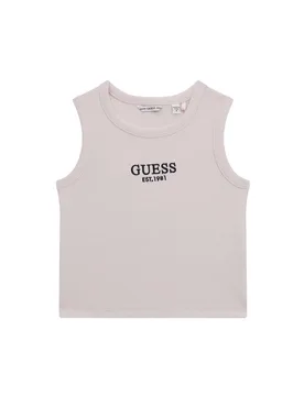 T-shirt smanicata bianca in misto cotone a costine con logo ricamato - Guess - FashionsVida
