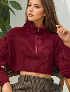 Womens Thick Knitwear Crop Sweater With Zipper Collar - Burgundy - Size Small/medium - Hiccup - FashionsVida