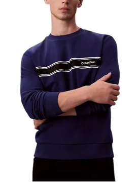 Mens Sweatshirt Crew Neck Stripe Classic Regular Fit - Blue Cotton - Size Small - Calvin Klein - FashionsVida