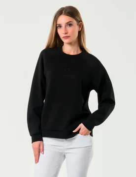 Felpa girocollo nera Exchange in misto viscosa effetto scuba con scritta logo in strass - Armani - FashionsVida