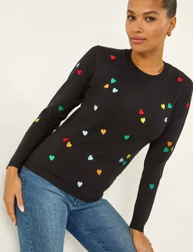 Women's Heart Print Embroidered Jumper in Black Size: 14 - Black - Size: 14 - Roman - FashionsVida