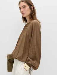 Striped Plisse Tie Detail Blouse Olive female