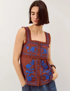 Pure Cotton Embroidered Broderie Lace Blouse Brown female - Monsoon - FashionsVida