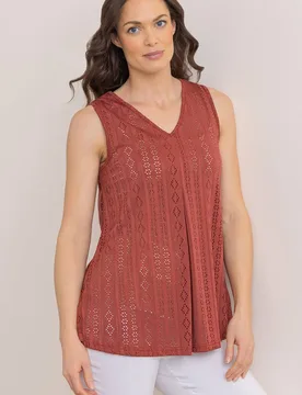 Women's Eyelet Cut Sleeveless Top in Orange Size: XL - Orange - Size: XL - Klass. - FashionsVida