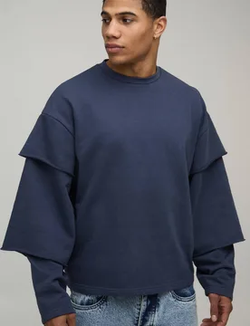 Herren Übergroßes Kastenförmiges Sweatshirt Mit Dreifachem Scheinärmel-Design Aus Schwerem Rückseiten-Schlingengewebe Navy Größe Medium - boohooMAN - FashionsVida