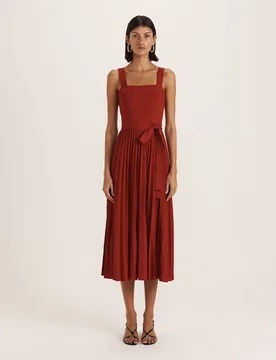 Sparkly Square Neck Belted Midi Skater Dress Dark Red female - Saba - FashionsVida