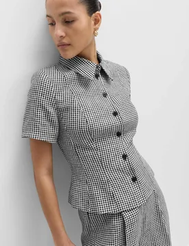 Pure Linen Tailored Checked Collared Jacket Black Mix female - M&S - FashionsVida