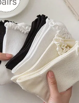 Pares de calcetines tubo blancos con volantes suaves y transpirables para mujer, adecuados para uso diario casual, vacaciones, uso al aire libre, esti - Shein - FashionsVida