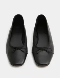 Leather Bow Flat Round Toe Ballet Pumps Black/Black female