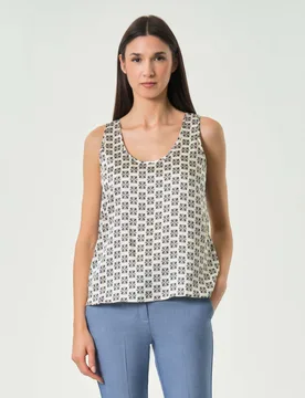 Canotta svasata bianca in twill stampato a fantasia geometrica - Emme Marella - FashionsVida