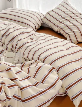 Juego de 3 piezas de funda nórdica estilo Wabi-Sabi japonés con rayas crema y marrón, ropa de cama de color contrastante, lavable a máquina para t - Shein - FashionsVida