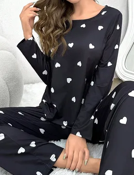 Conjunto de pijama de pantalón largo y top de manga larga con estampado de corazón para mujer, ropa de otoño e invierno cómoda y elegante - Shein - FashionsVida