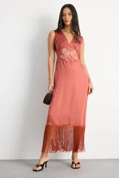 Women's Embroidered & Pintuck Detail Midi Dress With Fringing in Rose Size: 6 - Rose - Size: 6